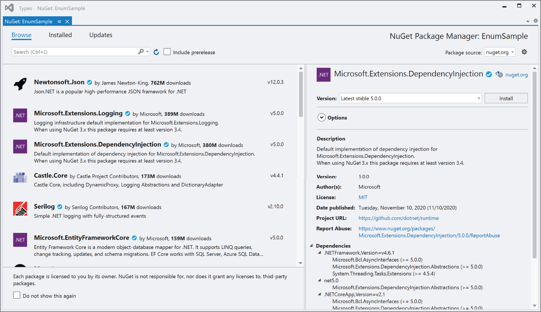 Snapshot of adding NuGet packages to applications.