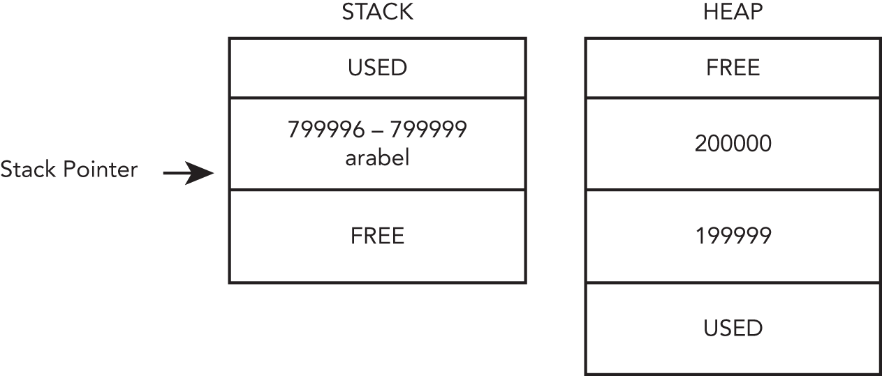Schematic illustration of stack pointer pointing a value in stack and heap.
