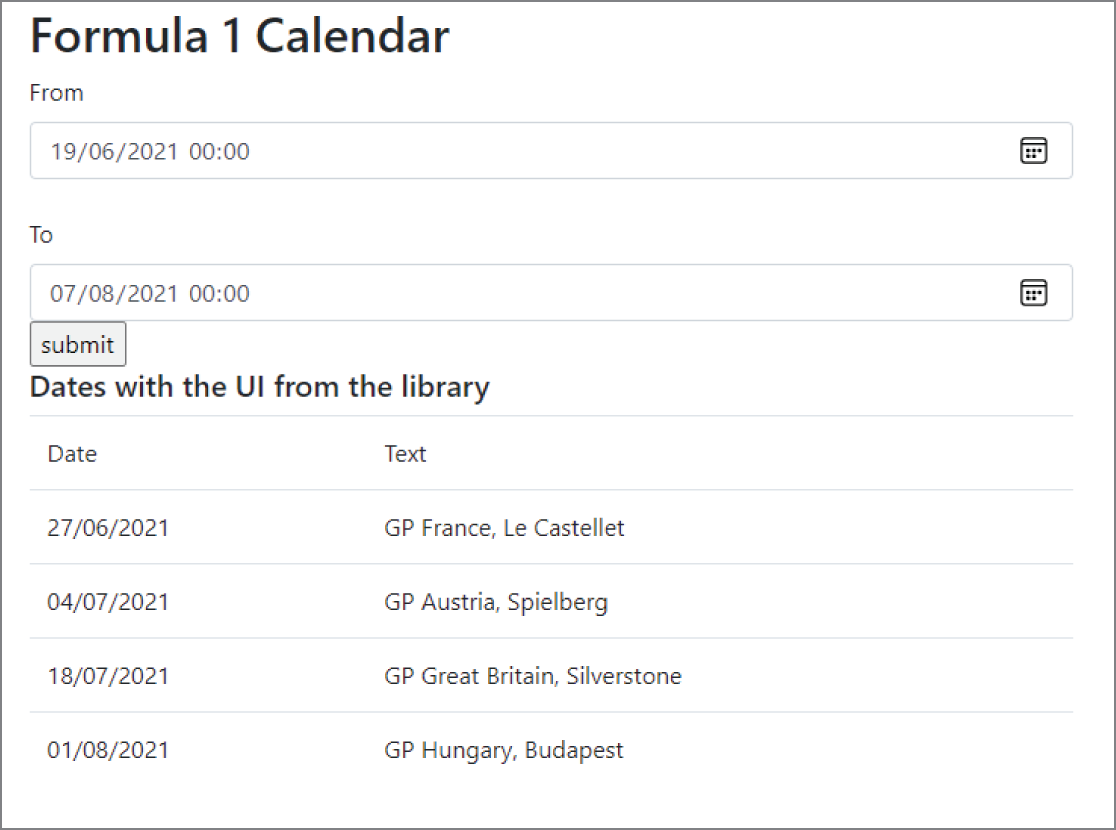Snapshot of formula 1 calendar.