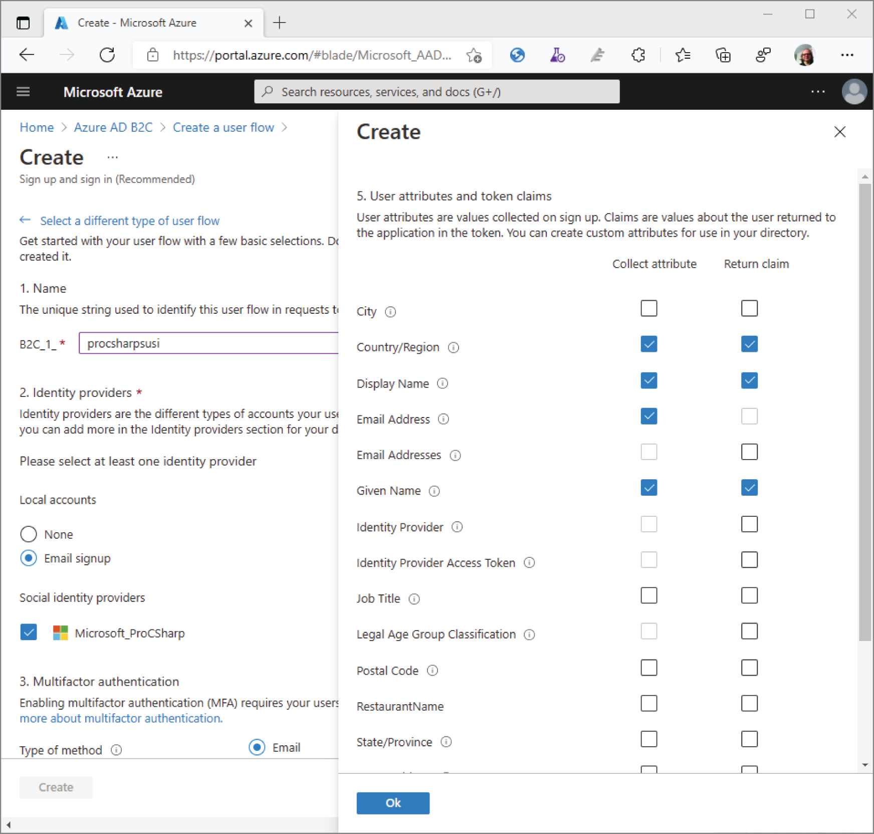 Snapshot of creating and configuring the service.
