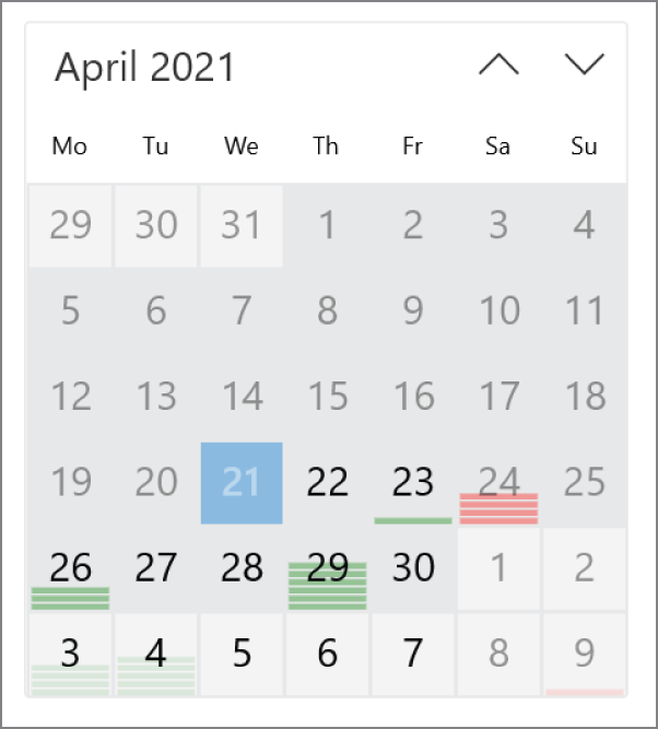 Snapshot of calendar for the month of April 20 21.