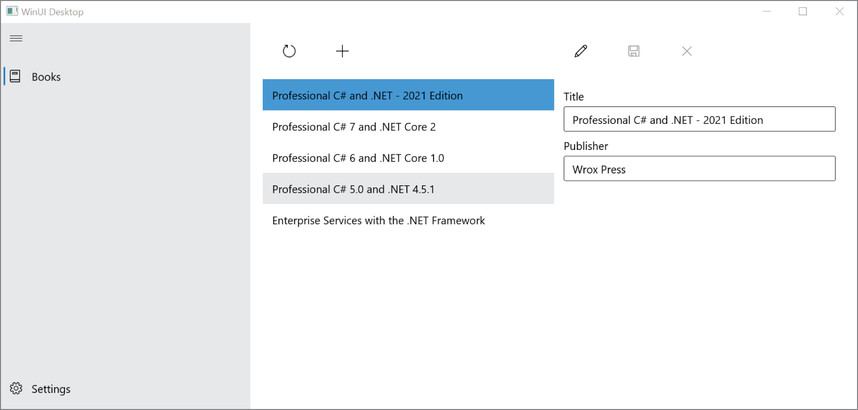 Snapshot shows the NavigationView of the running app with the navigation item set to the BooksPage.