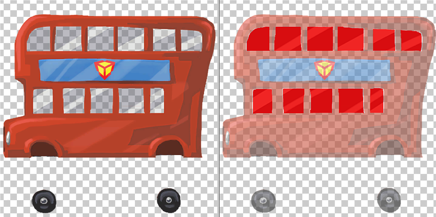 Left: a sprite displayed in the sprite editor. Right: the same sprite, now transparent, with a secondary texture displayed over it.