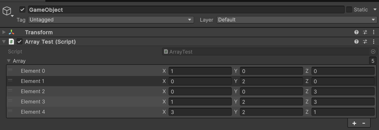 A vector array of five elements with X, Y, and Z fields for each element.