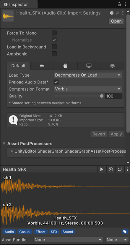 Screenshot of the Audio File Import Settings Inspector window. Shows configurable options for audio files.