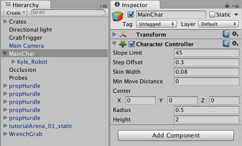 The MainChar GameObject with its Character Controller component.