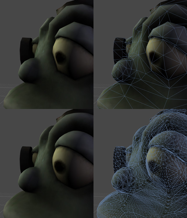 Top image row: a shader without tesselation. Bottom image row: a shader using the Phong tessellation.