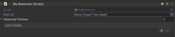 The Inspector window shows a single reference picker and a list of seasonal themes (the list is empty)