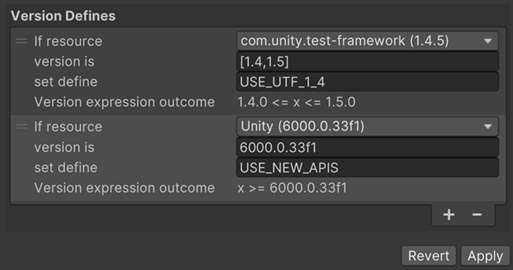 The Inspector window displays the Version Defines section of the Assembly Definition assets properties.