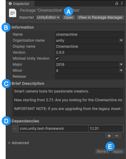 The Package Manifest window for the Cinemachine package. From top to bottom, the window displays the package name and controls (A), package information (B), a brief description (C), and a list of dependencies (D). 