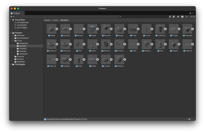 The Project window with the Assets folder opened, containing food related models.