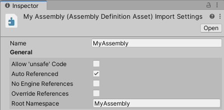 The Name and General sections of configurable properties in the Assembly Definition importer Inspector window.