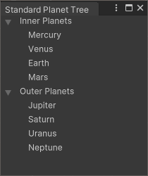 A list in a Unity Editor window organized into two foldout sections: Inner Planets, and Outer Planets.