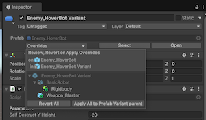A prefab variant Inspector with a list of applied overrides.