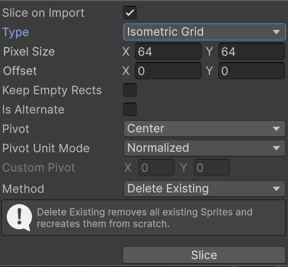 The Slice Tool properties with the Type property set to Isometric Grid.