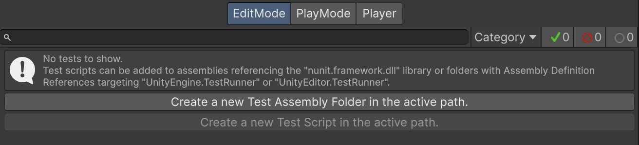 The Test Runner window with the EditMode tab selected.