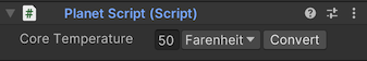 Script with a custom control that converts temperature, displayed in the Unity Editor.