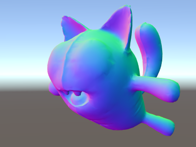A cat-like character rendered with different colors that represent the direction each surface faces.