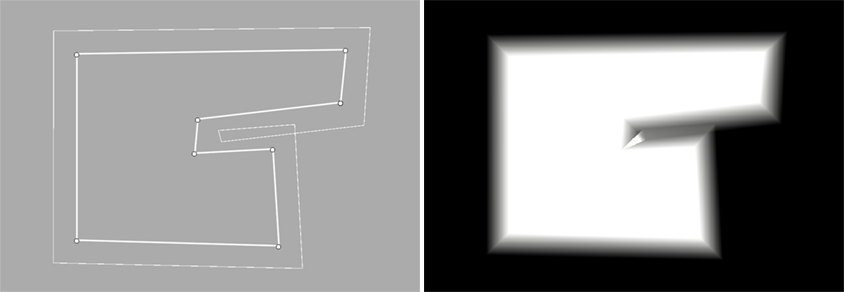 Left: Falloff overlap in Edit mode. Right: Light effect with double lighted areas with overlapping falloff.