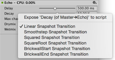 The Expose to script menu appears when right-clicking the Decay parameter of an Echo effect component in the AudioGroup Inspector.