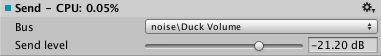 The AudioGroup Inspector window displays the configurable properties of a Send unit.