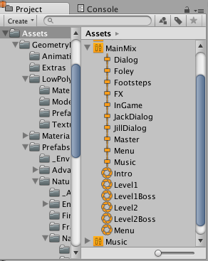The Assets menu displays the same list of Snapshots as sub-assets of the Audio Mixer.