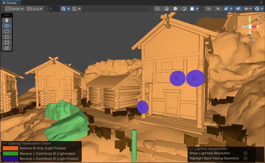 A wooden village scene in Contributors / Receivers mode. Most of the geometry is orange and doesnt contribute to global illumination. The green rock and post receive global illumination from lightmaps, and the purple shields receive global illumination from Light Probes.