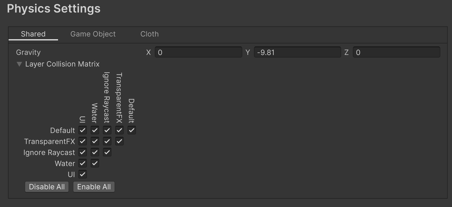 Shared Physics Settings window.
