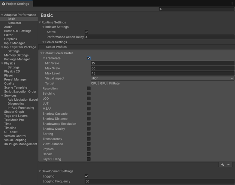 Adaptive Performance provider settings in the Project Settings window.