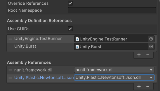 The Assembly Definition References and Assembly References sections of the Assembly Definition importer Inspector window.