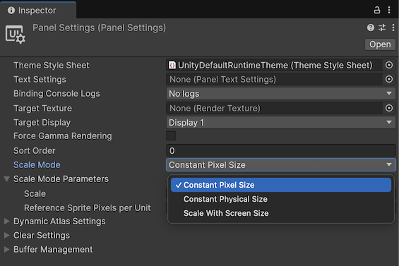 In the Panel Settings of UI Toolkit, you can find similar scaling options to the ones found in Unity UI.