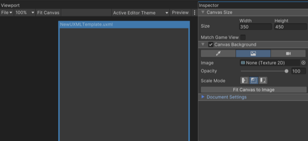 The Canvas of a new UXML document: Use the Color and Image options to adjust its appearance.