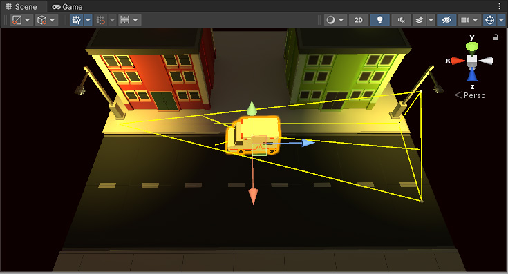In the same scene, a moving ambulance remains brightly lit while passing through the dark area. A yellow wireframe tetrahedron shows that the interpolation occurs between one brightly lit end of the street to the other.