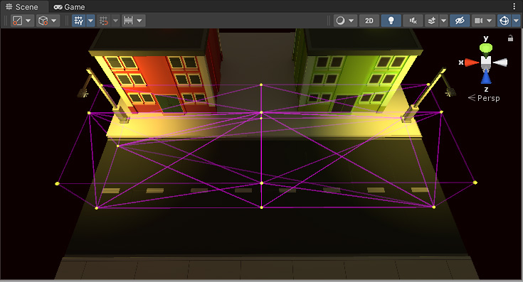 The same scene, with another set of Light Probes added halfway between the two street lamps.