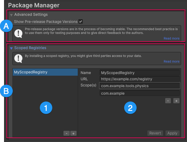 The Package Manager settings window. The top of the window displays pre-release package settings (A). The main area of the window (B) displays scoped registries (1) and details for the selected scoped registry (2).