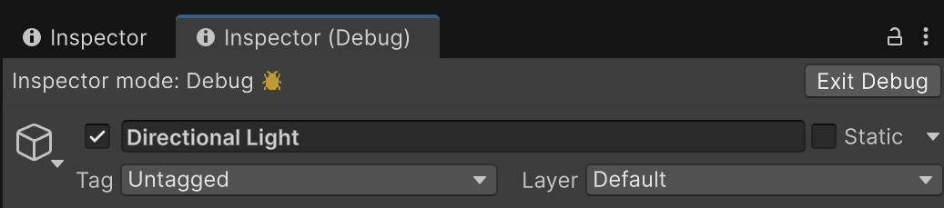 The Inspector window banner in debug mode.