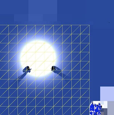 An example of a lightmap texture with shadows. The square area with yellow lines is the baked surface lighting of a plane. The white circle is a bright spot light, and the two black areas are shadows from other objects.