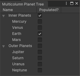 A list in a Unity Editor window with two columns, one for planets, and one with a checkbox indicating if the planet is populated. Additionally, the data is organized into two horizontal foldout sections called Inner Planets and Outer Planets.