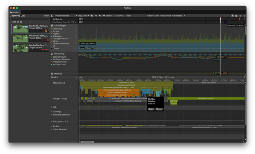 Profiler window with a frame in the CPU Usage Profiler module selected.