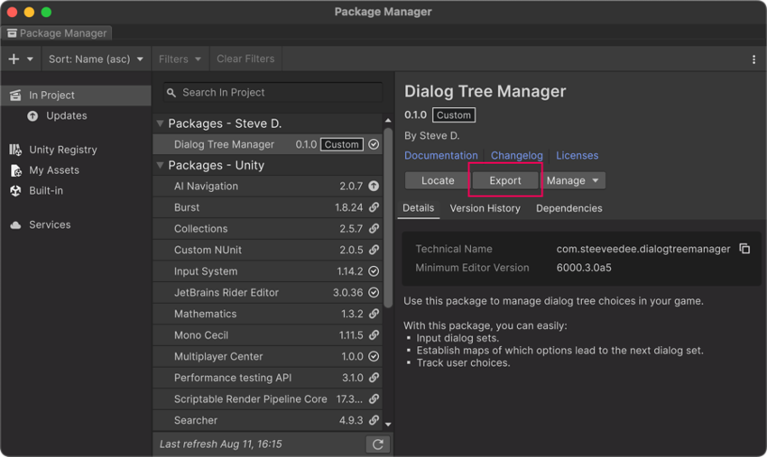 The Package Manager window with the Export button for an editable package