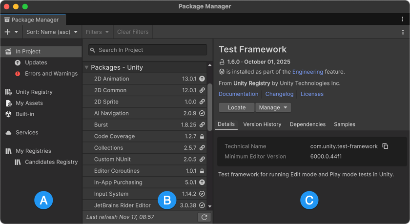 The navigation panel (A), the list panel (B), and the details panel (C)