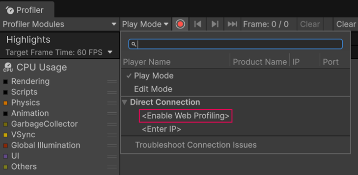 The Enable Web Profiling option in the Profiler window.